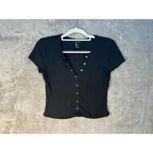 Y2K Forever 21 Cropped T-Shirt Small Black Button Down Grunge Skater Rave